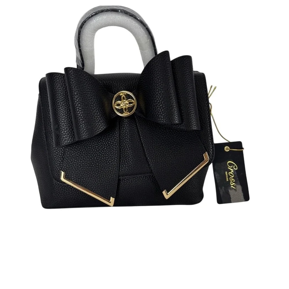 Grosee Black Faux Leather Top Handle Bow‎ Accent Satchel Bag